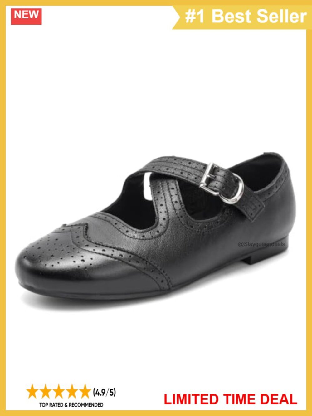 Genuine Leather Mary Jane Flats Brogue T-Strap Women's Work Shoes